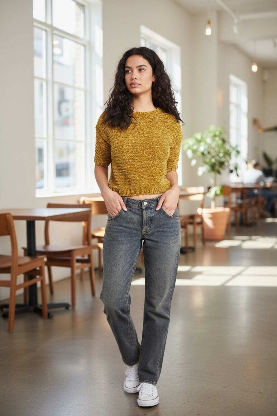Open Edit Gold Olive Green Cropped Sweater Short Sleeve Knit Top S. NWT Textured